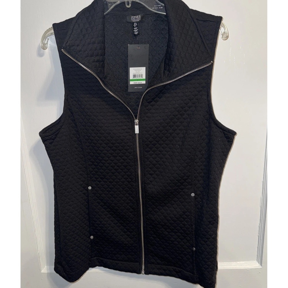 Jones New York Women's Black Quilted Vest Sleeveless Full Zip Pockets L